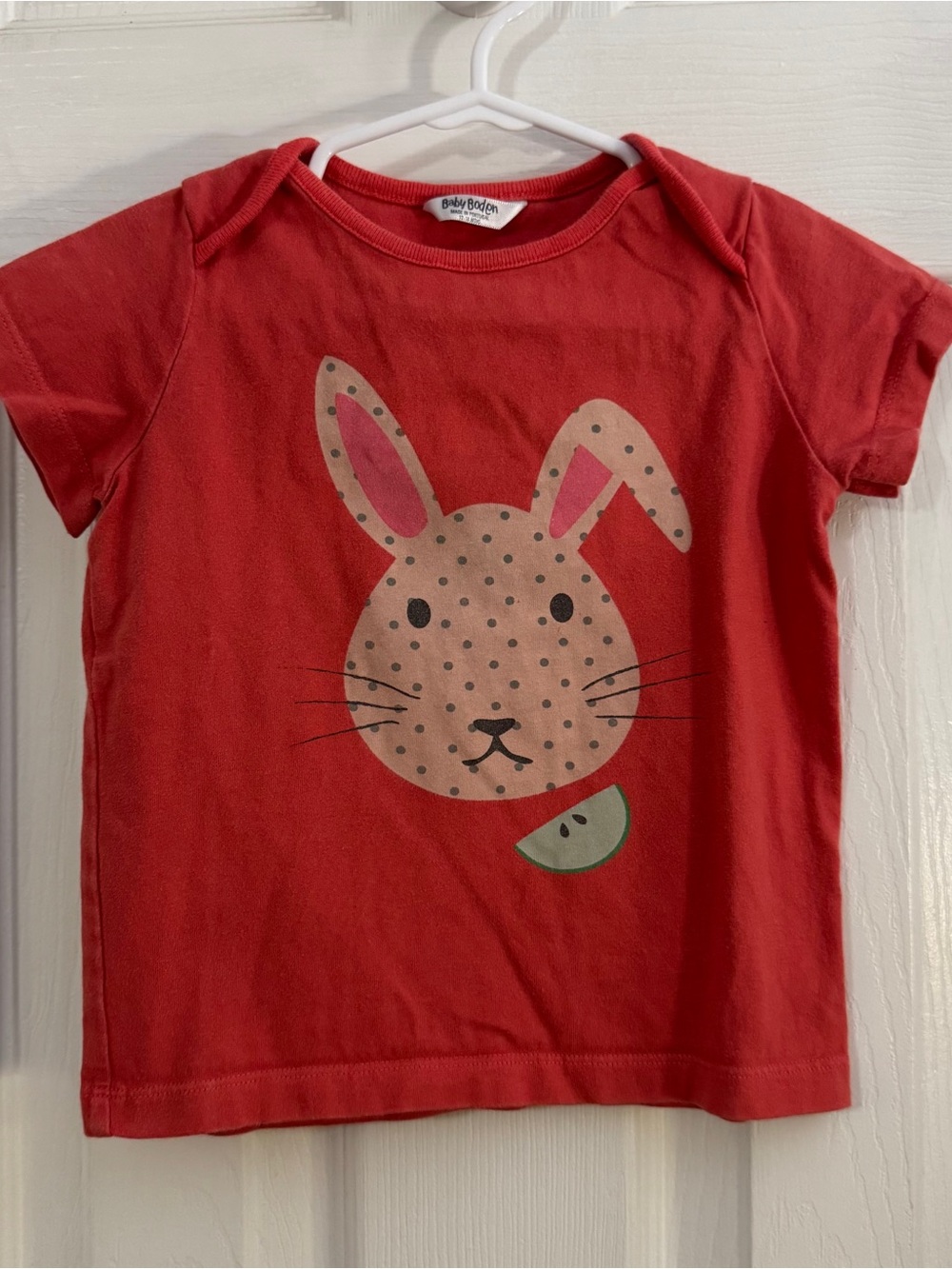 Mini Boden Baby Girl Red Short Sleeve Tee with Bunny Graphic